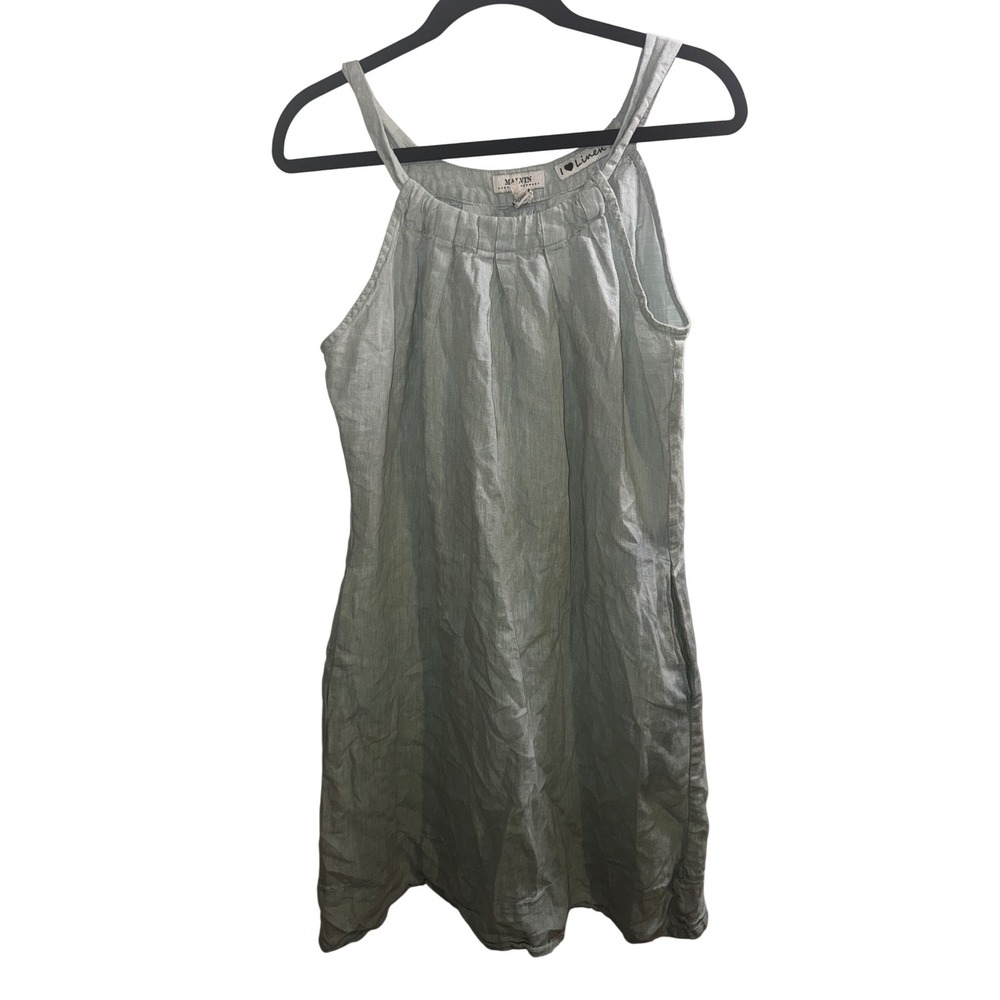 Malvin Hamburg Germany Linen Ramie Pleated Neck Shift Dress Sage Green Womens M